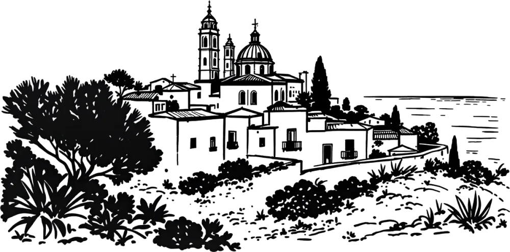 Ink drawing of a hilltop village on Gozo, houses stacked around a church dome.